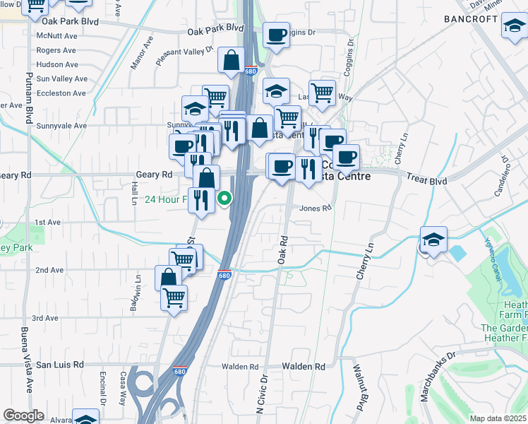 map of restaurants, bars, coffee shops, grocery stores, and more near 2780 Jones Road in Walnut Creek