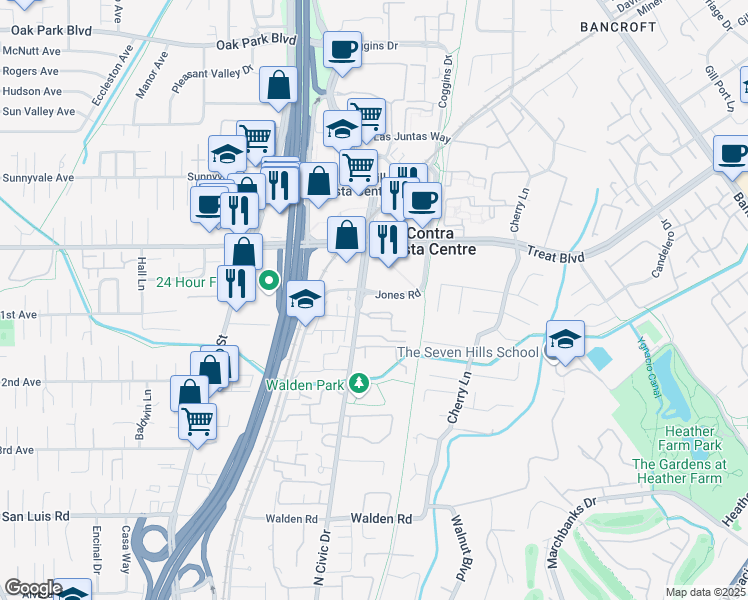 map of restaurants, bars, coffee shops, grocery stores, and more near 2742 Oak Road in Walnut Creek