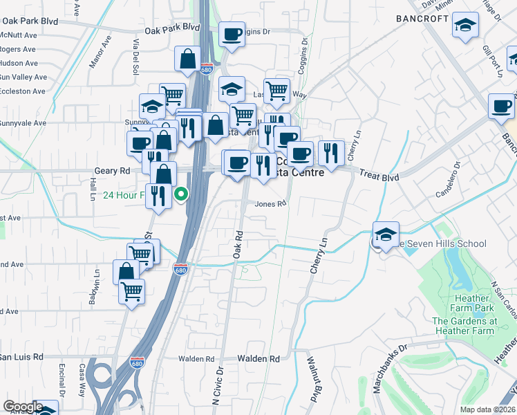 map of restaurants, bars, coffee shops, grocery stores, and more near 2742 Oak Road in Walnut Creek