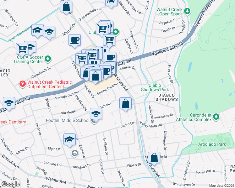 map of restaurants, bars, coffee shops, grocery stores, and more near 2885 Grande Camino in Walnut Creek