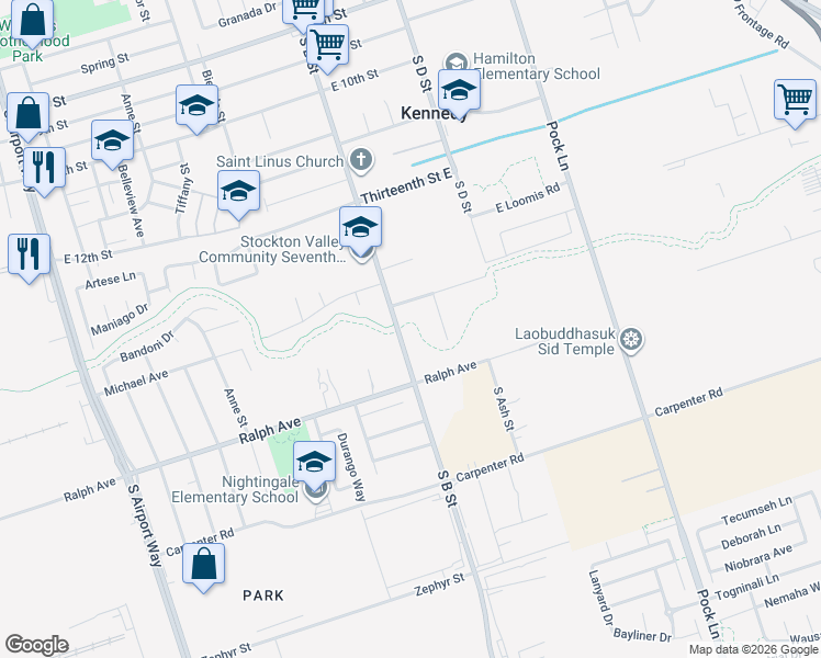 map of restaurants, bars, coffee shops, grocery stores, and more near 3112 South B Street in Stockton