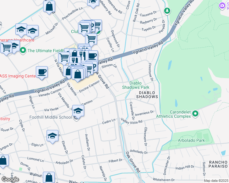 map of restaurants, bars, coffee shops, grocery stores, and more near 225 Ginocchio Court in Walnut Creek