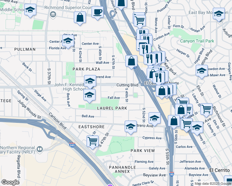 map of restaurants, bars, coffee shops, grocery stores, and more near 4714 Castilla Avenue in Richmond
