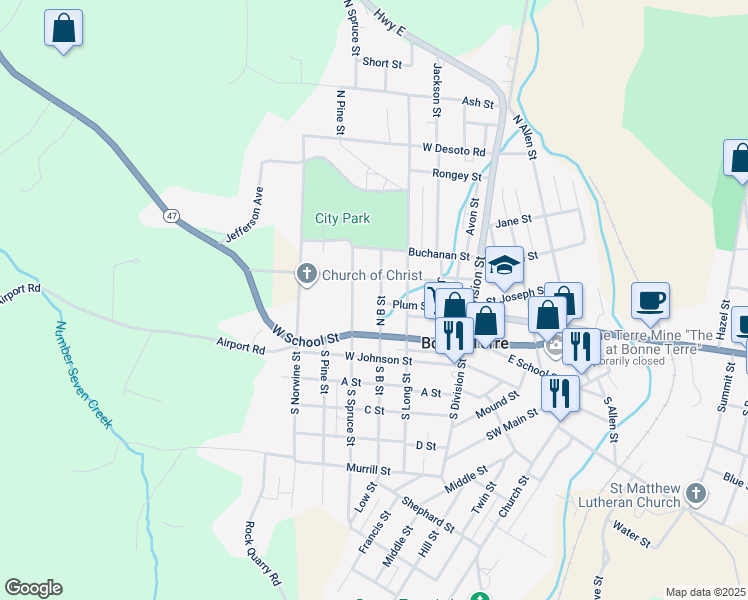map of restaurants, bars, coffee shops, grocery stores, and more near 123 North B Street in Bonne Terre