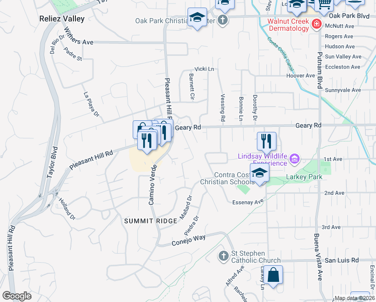 map of restaurants, bars, coffee shops, grocery stores, and more near 2843 Melillo Drive in Walnut Creek