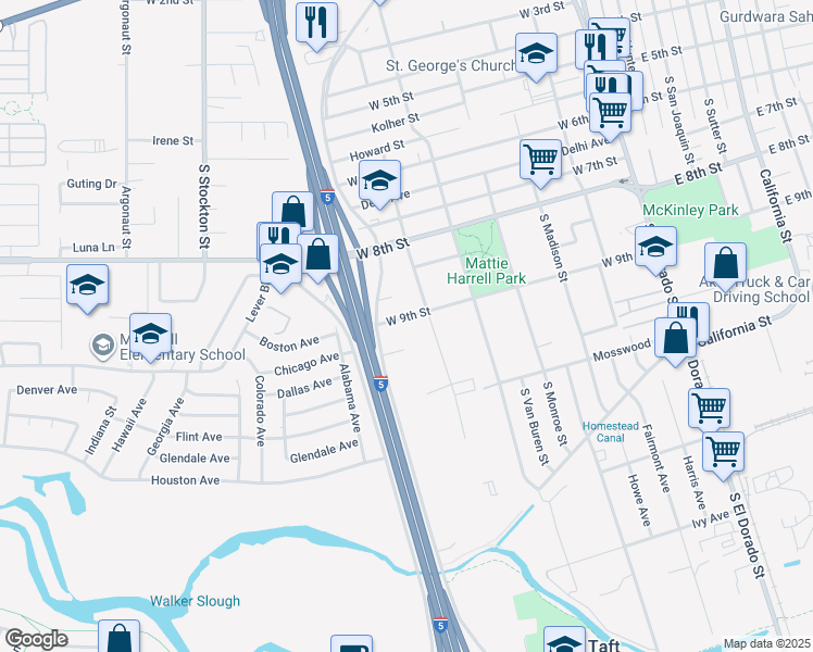 map of restaurants, bars, coffee shops, grocery stores, and more near 528 West 9th Street in Stockton