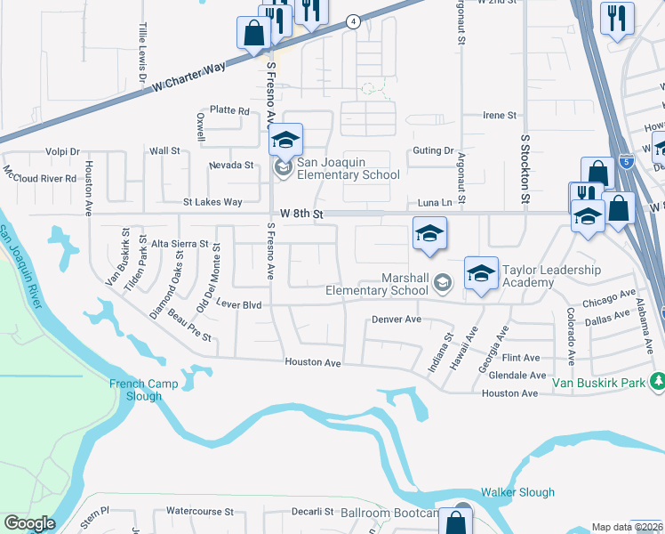 map of restaurants, bars, coffee shops, grocery stores, and more near 2412 Silverado Court in Stockton