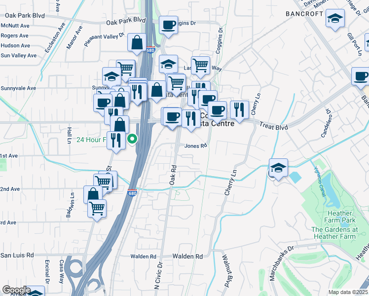 map of restaurants, bars, coffee shops, grocery stores, and more near 2738 Oak Road in Walnut Creek