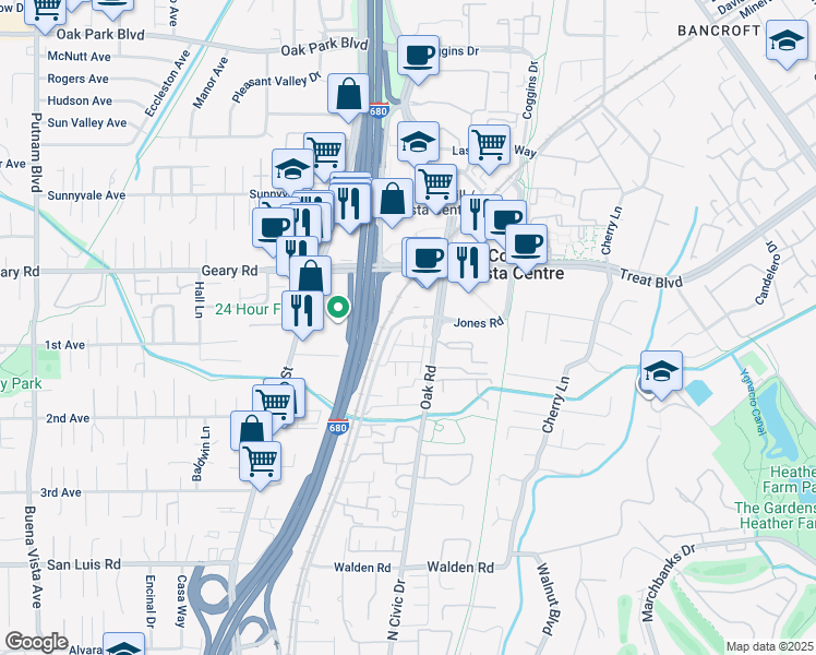map of restaurants, bars, coffee shops, grocery stores, and more near 2770 Jones Road in Walnut Creek