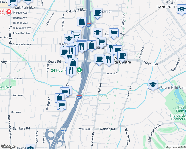map of restaurants, bars, coffee shops, grocery stores, and more near 2770 Jones Road in Walnut Creek