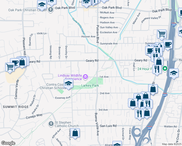 map of restaurants, bars, coffee shops, grocery stores, and more near 1900 1st Avenue in Walnut Creek