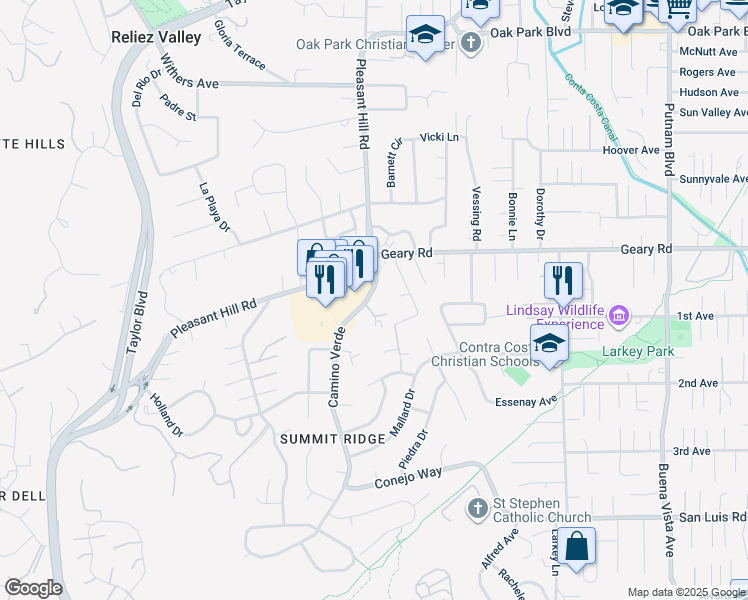 map of restaurants, bars, coffee shops, grocery stores, and more near 1818 Camino Verde in Walnut Creek
