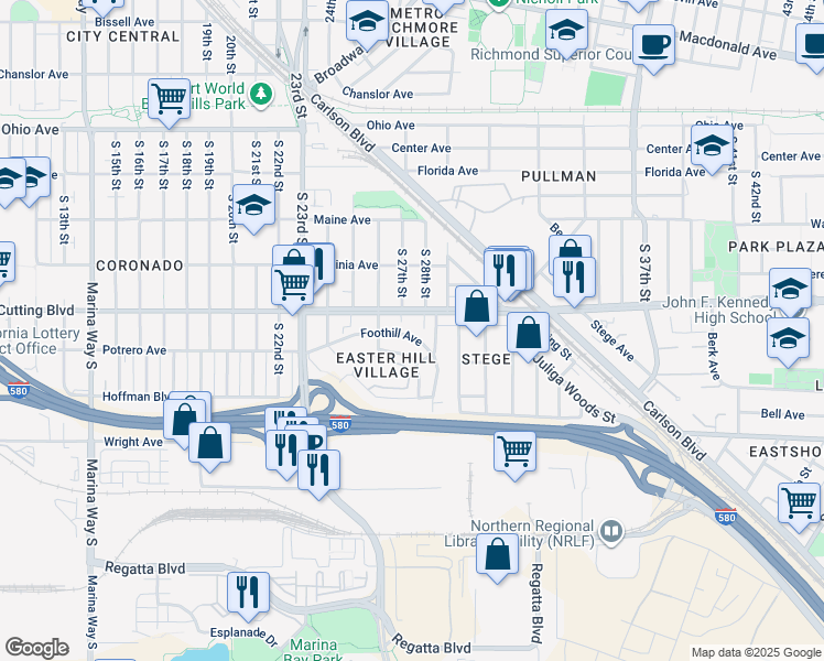 map of restaurants, bars, coffee shops, grocery stores, and more near 2757 Foothill Avenue in Richmond