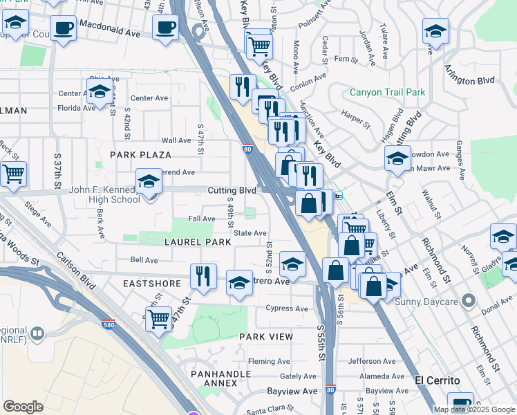 map of restaurants, bars, coffee shops, grocery stores, and more near 5031 Plaza Circle in Richmond
