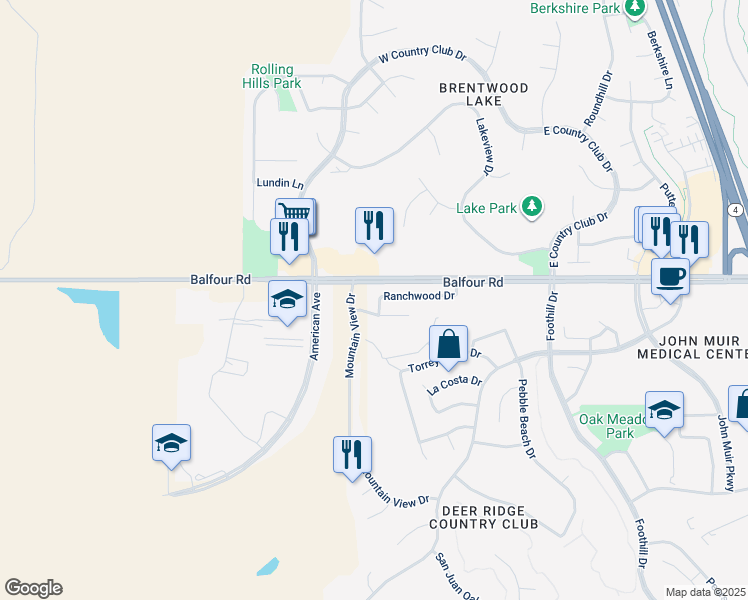 map of restaurants, bars, coffee shops, grocery stores, and more near 2649 Ranchwood Drive in Brentwood