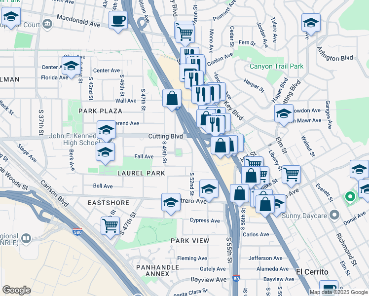 map of restaurants, bars, coffee shops, grocery stores, and more near 5031 Plaza Circle in Richmond