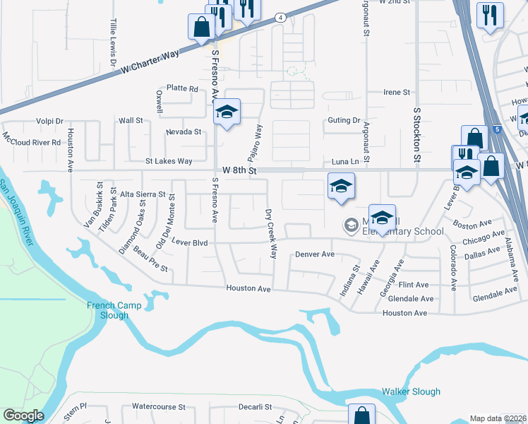 map of restaurants, bars, coffee shops, grocery stores, and more near 2412 Silverado Court in Stockton