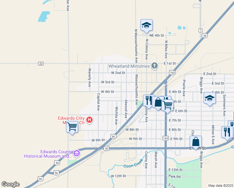 map of restaurants, bars, coffee shops, grocery stores, and more near 355 West 4th Street in Kinsley