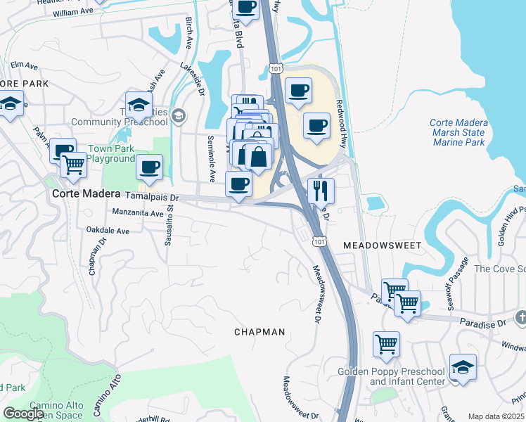 map of restaurants, bars, coffee shops, grocery stores, and more near 706 Meadowsweet Drive in Corte Madera