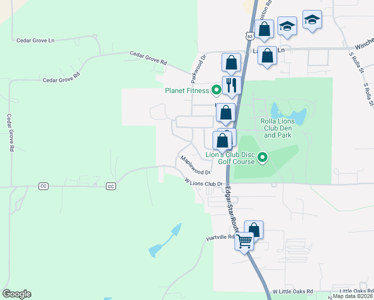 map of restaurants, bars, coffee shops, grocery stores, and more near 1169 Redwood Drive in Rolla