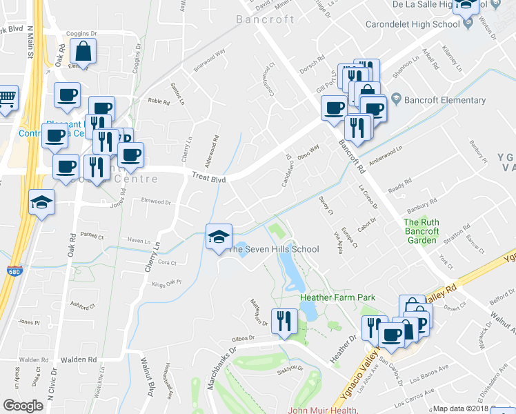map of restaurants, bars, coffee shops, grocery stores, and more near 1015 Northoak Drive in Walnut Creek