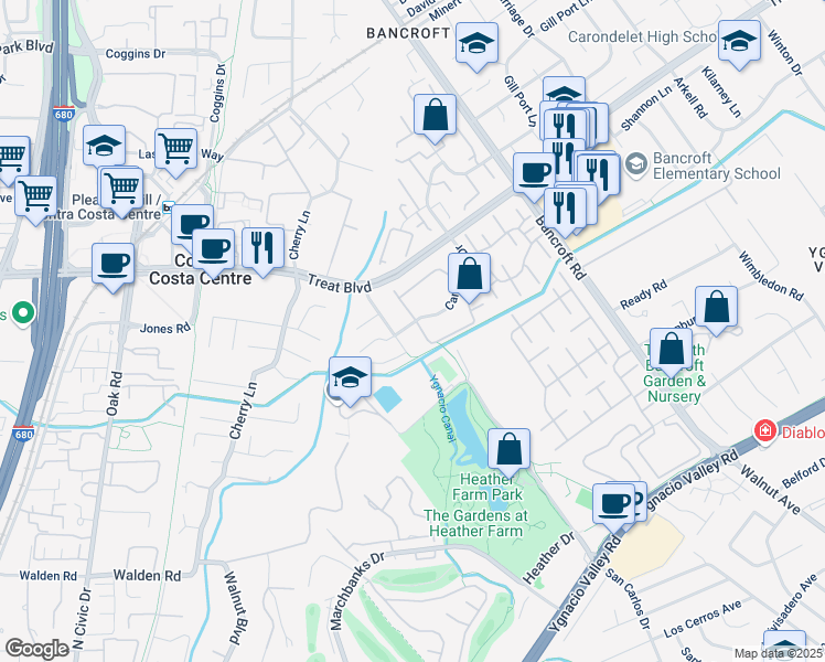 map of restaurants, bars, coffee shops, grocery stores, and more near 1015 Northoak Drive in Walnut Creek