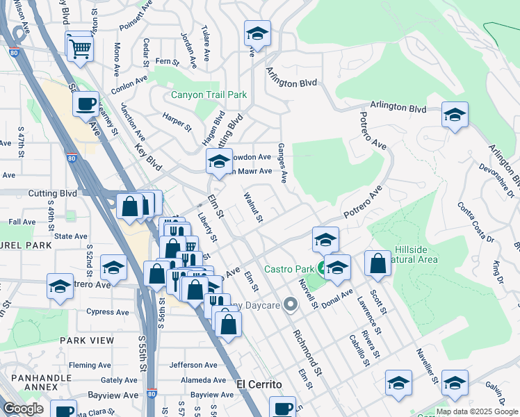 map of restaurants, bars, coffee shops, grocery stores, and more near 1708 Walnut Street in El Cerrito