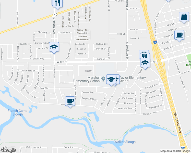 map of restaurants, bars, coffee shops, grocery stores, and more near 2402 Laguna Court in Stockton