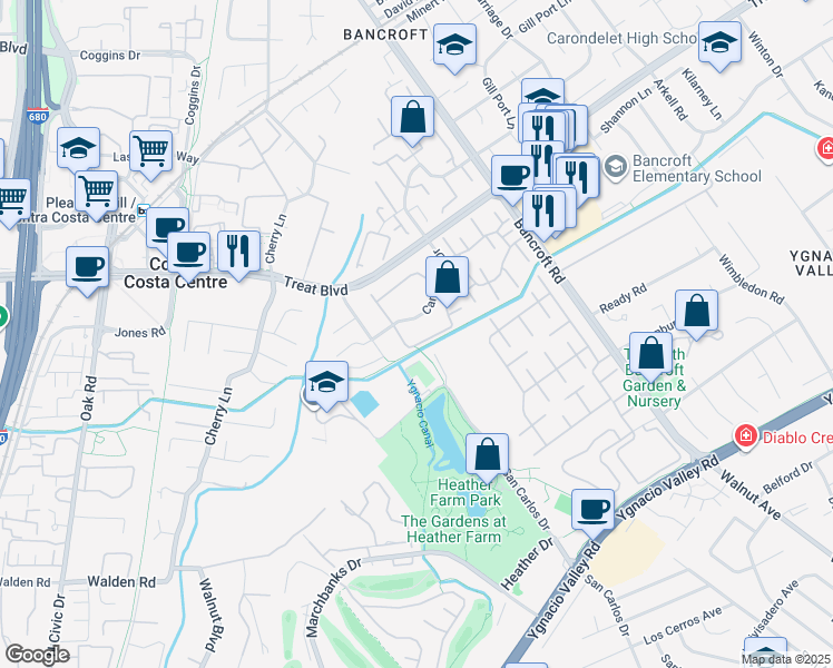 map of restaurants, bars, coffee shops, grocery stores, and more near 1004 Northoak Drive in Walnut Creek
