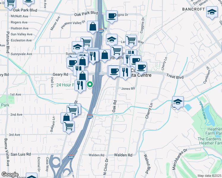 map of restaurants, bars, coffee shops, grocery stores, and more near 11 Oak Treat Court in Walnut Creek