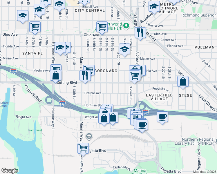 map of restaurants, bars, coffee shops, grocery stores, and more near 530 South 18th Street in Richmond