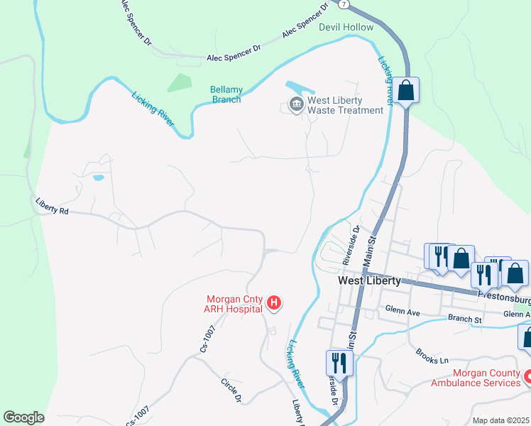 map of restaurants, bars, coffee shops, grocery stores, and more near 788 Liberty Road in West Liberty