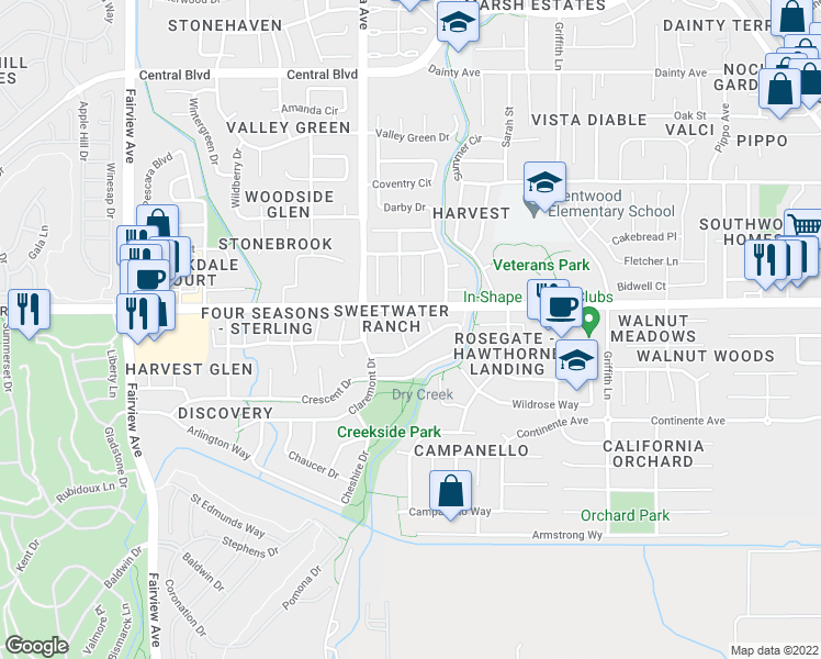map of restaurants, bars, coffee shops, grocery stores, and more near 60 Barrington Court in Brentwood