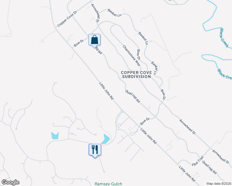 map of restaurants, bars, coffee shops, grocery stores, and more near 3669 Little John Road in Copperopolis