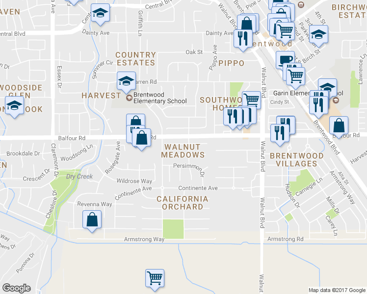 map of restaurants, bars, coffee shops, grocery stores, and more near 368 Madrone Place in Brentwood