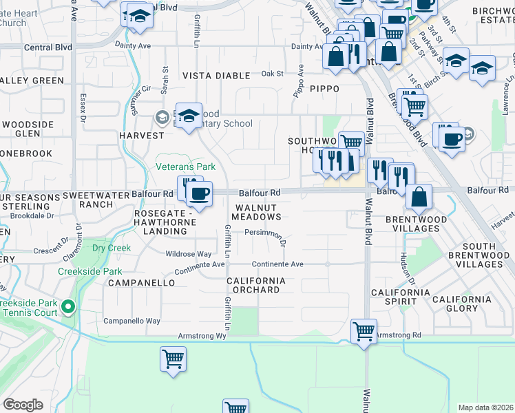 map of restaurants, bars, coffee shops, grocery stores, and more near 368 Madrone Place in Brentwood