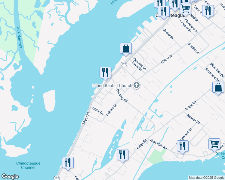 map of restaurants, bars, coffee shops, grocery stores, and more near 3284 Colona Street in Chincoteague