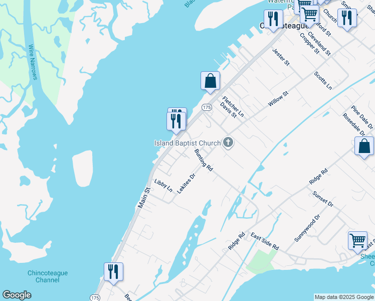 map of restaurants, bars, coffee shops, grocery stores, and more near 3284 Colona Street in Chincoteague