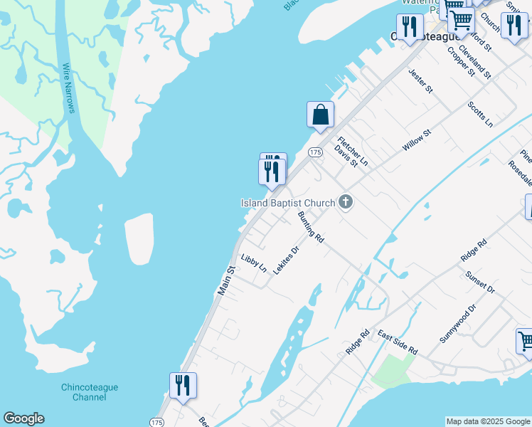 map of restaurants, bars, coffee shops, grocery stores, and more near 3530 Main Street in Chincoteague Island