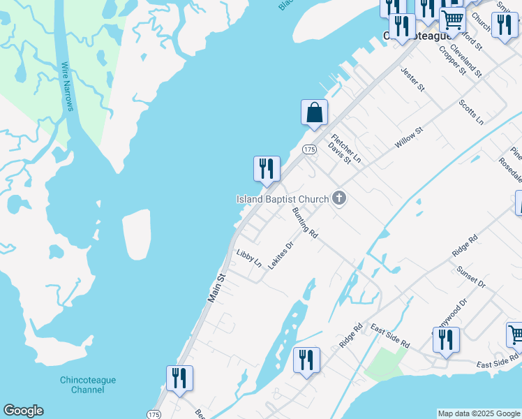 map of restaurants, bars, coffee shops, grocery stores, and more near 3530 Main Street in Chincoteague Island