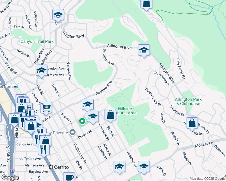 map of restaurants, bars, coffee shops, grocery stores, and more near 62 Wildwood Place in El Cerrito