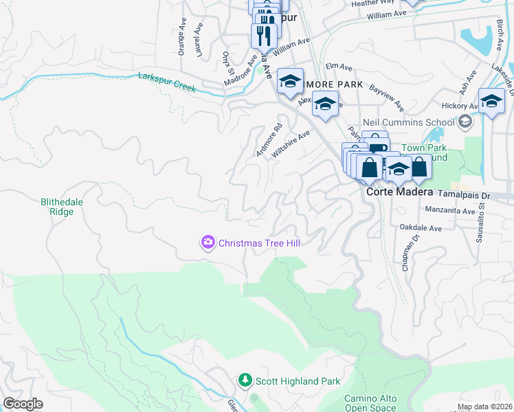 map of restaurants, bars, coffee shops, grocery stores, and more near 201 Marina Vista Avenue in Larkspur