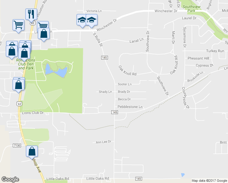 map of restaurants, bars, coffee shops, grocery stores, and more near 123 Shady Lane in Rolla