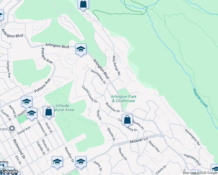map of restaurants, bars, coffee shops, grocery stores, and more near 8555 Betty Lane in El Cerrito