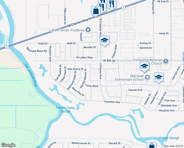 map of restaurants, bars, coffee shops, grocery stores, and more near 2413 Little Aston Way in Stockton