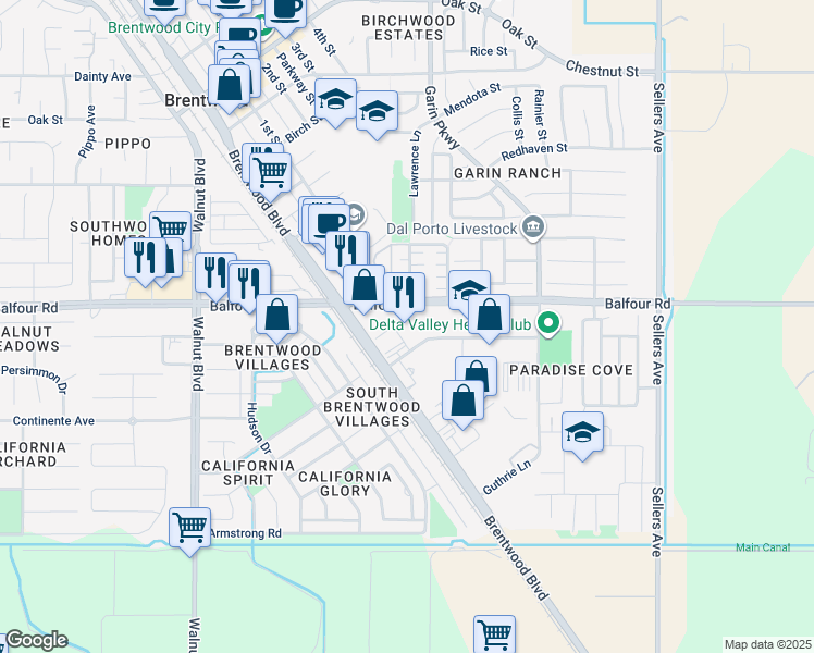 map of restaurants, bars, coffee shops, grocery stores, and more near 5000 Balfour Road in Brentwood