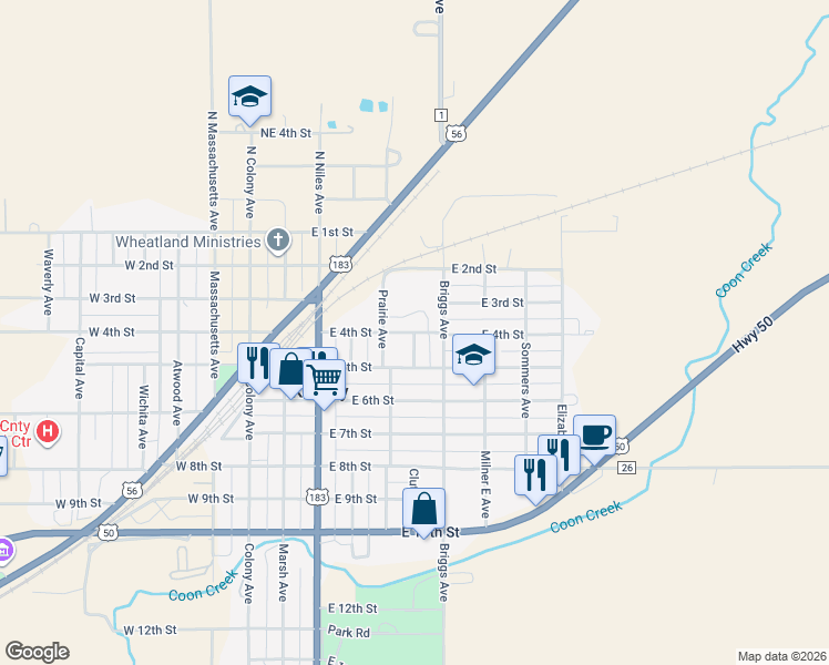 map of restaurants, bars, coffee shops, grocery stores, and more near 400 Edwards Avenue in Kinsley