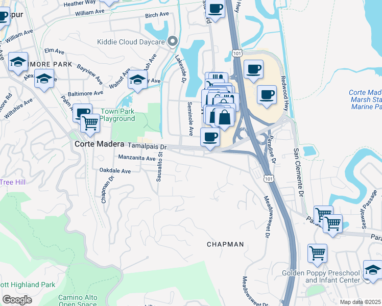 map of restaurants, bars, coffee shops, grocery stores, and more near in Corte Madera