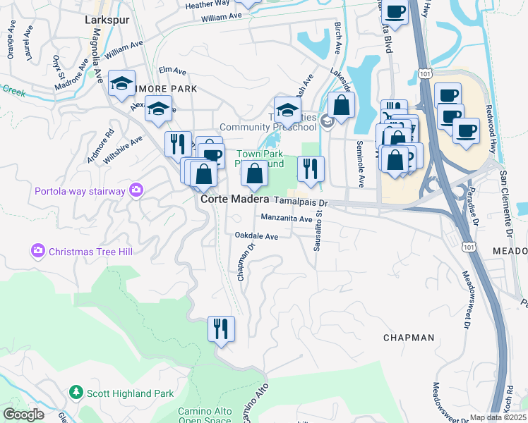 map of restaurants, bars, coffee shops, grocery stores, and more near 401 Manzanita Avenue in Corte Madera