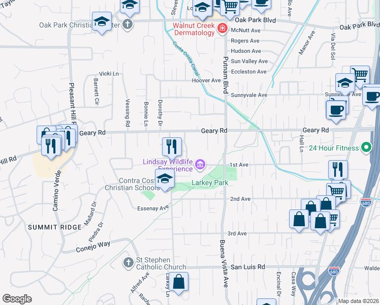 map of restaurants, bars, coffee shops, grocery stores, and more near 464 Coralie Drive in Walnut Creek